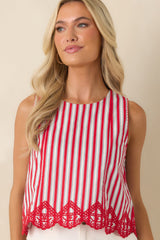 Sweet Liberty Red Multi Stripe Cotton Embroidered Hem Top