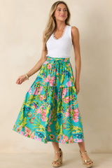 Prosperina Lexi Jade Multi Tropical Floral Cotton Midi Skirt