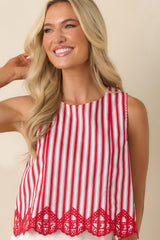 Sweet Liberty Red Multi Stripe Cotton Embroidered Hem Top