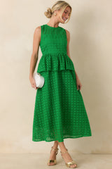 Worth A Closer Look Green Eyelet Peplum Midi Dress
