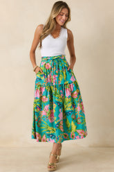 Prosperina Lexi Jade Multi Tropical Floral Cotton Midi Skirt