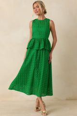 Worth A Closer Look Green Eyelet Peplum Midi Dress