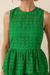 Worth A Closer Look Green Eyelet Peplum Midi Dress
