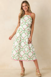 Prosperina Miriam White Multi Floral Trellis Cotton Midi Dress