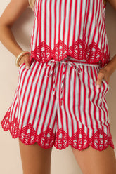 Sweet Liberty Red Multi Stripe Cotton Embroidered Scalloped Hem Shorts