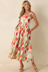 Courtyard Stroll Ivory & Red Multi Linen Blend Floral Midi Dress