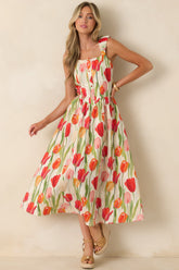 Courtyard Stroll Ivory & Red Multi Linen Blend Floral Midi Dress