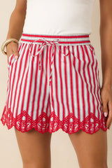 Sweet Liberty Red Multi Stripe Cotton Embroidered Scalloped Hem Shorts