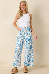 Grow Your Own Way Blue Floral Print Cotton Wide Leg Pants