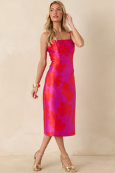 Make an Entrance Fuchsia & Red Floral Jacquard Midi Dress