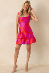 Paint The Town Fuchsia & Red Floral Jacquard Ruffle Hem Mini Dress