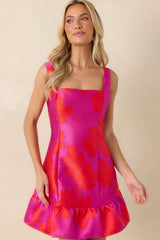 Paint The Town Fuchsia & Red Floral Jacquard Ruffle Hem Mini Dress