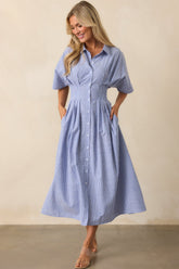 No Big Deal Blue Stripe Cotton Pleated Midi Shirt Dress