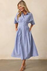 No Big Deal Blue Stripe Cotton Pleated Midi Shirt Dress
