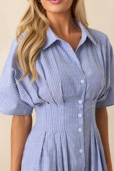 No Big Deal Blue Stripe Cotton Pleated Midi Shirt Dress