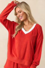 Z Supply Red Cotton Marx V-Neck Terry Sweatshirt