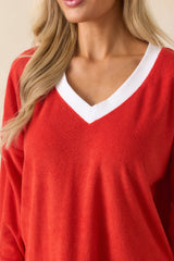 Z Supply Red Cotton Marx V-Neck Terry Sweatshirt