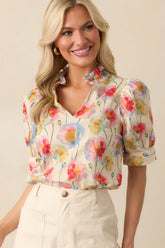 Create Memories Ecru Beige Floral Print Cotton Short Sleeve Top