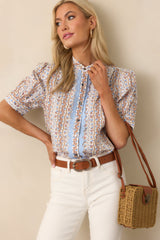 The Road Ahead Light Blue Floral Cotton Button Front Top