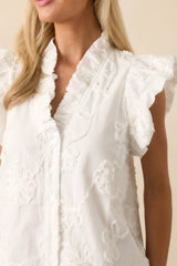 Quietly Captivating Ivory Floral Embroidered Cotton Button Front Top