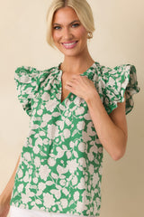 In No Rush Green Floral Print Cotton Flutter Sleeve Top