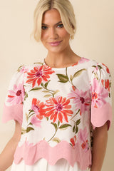 Without Even Trying To Pink Floral Print Cotton Scallop Hem Top