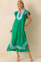 As Good As It Gets Green Linen Cotton Blend Kaftan Maxi Dress