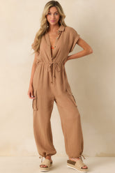 Skyline Soiree Camel Brown Cotton Gauze Jumpsuit