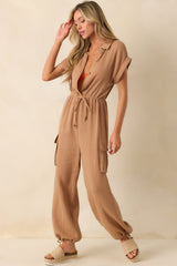 Skyline Soiree Camel Brown Cotton Gauze Jumpsuit