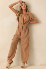 Skyline Soiree Camel Brown Cotton Gauze Jumpsuit