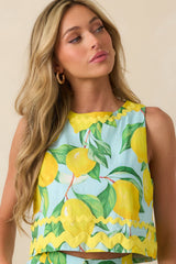 Prosperina Claudia Blue Lemon Print Cotton Crop Top