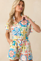 Prosperina Luca Blue Sicilian Tile Print Linen Romper
