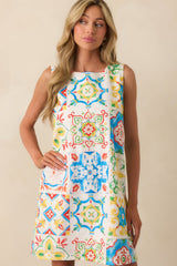 Prosperina Catania Blue Multi Sicilian Tile Print Linen Shift Mini Dress