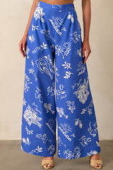 Prosperina Nina Royal Blue Mojito Print Linen Wide Leg Pants