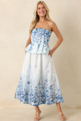 Gathered in Grace Blue Floral Cotton Strapless Midi Dress