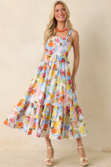 Prosperina Cassandra Multi Citrus Print Linen Blend Midi Dress