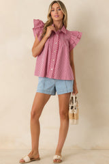 Stroll With My Sweetheart Red Gingham Cotton Flutter Sleeve Blouse