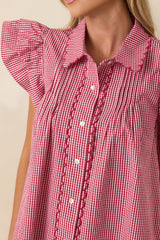 Stroll With My Sweetheart Red Gingham Cotton Flutter Sleeve Blouse