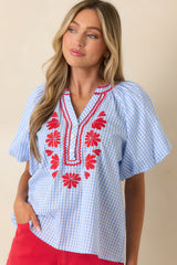 Stars, Stripes & Strawberry Pie Light Blue Gingham Embroidered Cotton Top