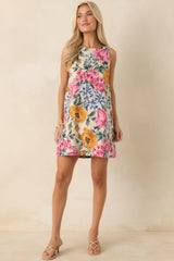 Wildflower Bouquet Multi Floral Linen Blend Sleeveless Mini Dress