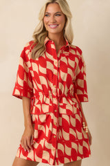 Aylaya Red Geometric Print Linen Blend Venice Mini Dress