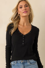 Everyday Envy Black Ribbed Cotton Long Sleeve Henley Tee