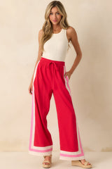 She Always Knows Red Contrast Trim Linen Blend Wide Leg Pants