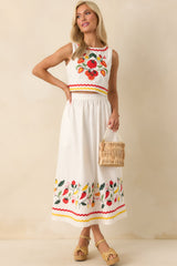 Prosperina Virginia Tomato Embroidered Ivory Cotton Midi Skirt