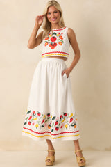 Prosperina Virginia Tomato Embroidered Ivory Cotton Midi Skirt