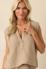Z Supply Tan Cotton Cliffside V-Neck Airy Gauze Top