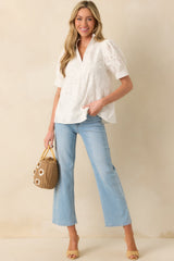 On The Record White Floral Embroidered Eyelet Cotton Top
