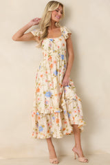 Wildflower Wishes Light Beige Multi Floral Midi Dress