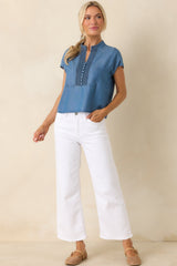 Blue Skies Ahead Chambray Blue Embroidered Top