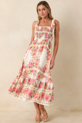 Flower Girl Energy Pink Multi Floral Smocked Tie Strap Midi Dress